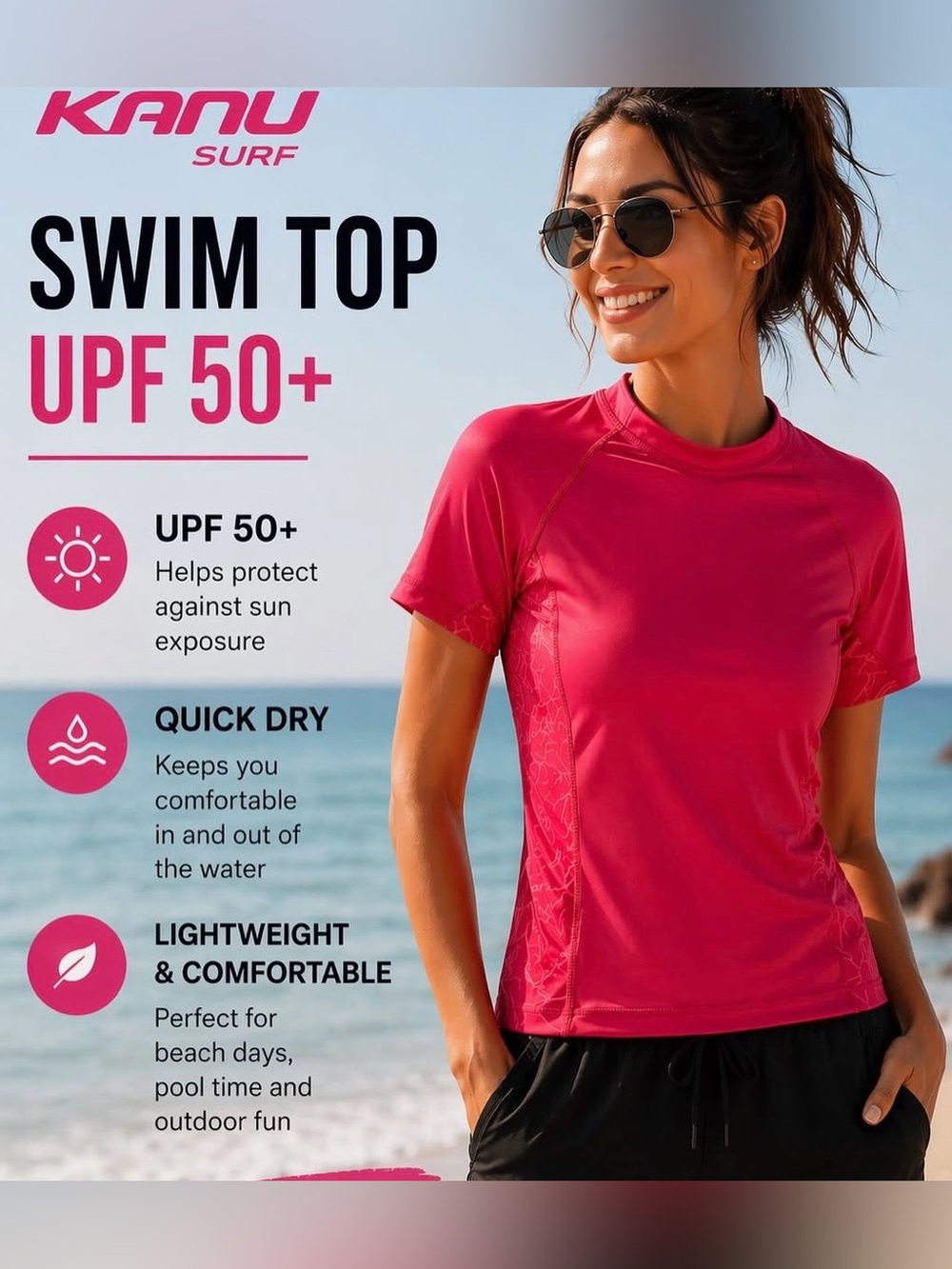 Kanu Surf Women’s Short Sleeve Rashguard Top UPF 50+ Size XS